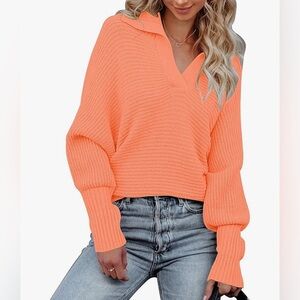 Merokeety V Neck pullover batwing sweater, salmon